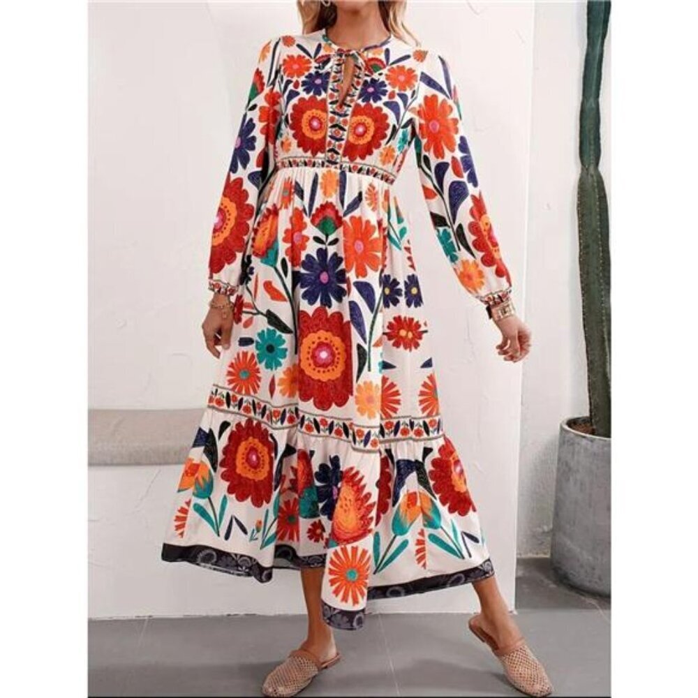 Floral Tie Waist Long Sleeve Dress